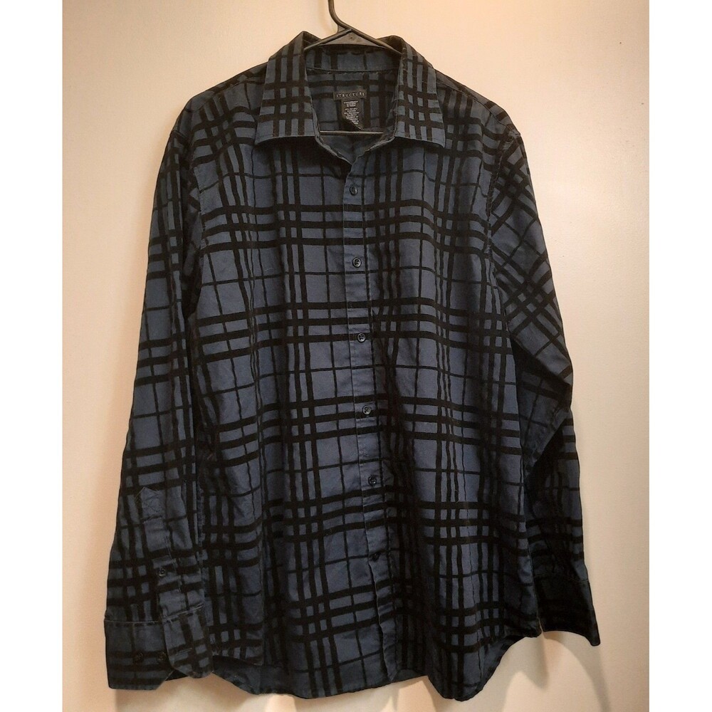 VTG Y2K Structure Men’s XL Button Up Shirt Blue Plaid Flocked Stripes Velvet